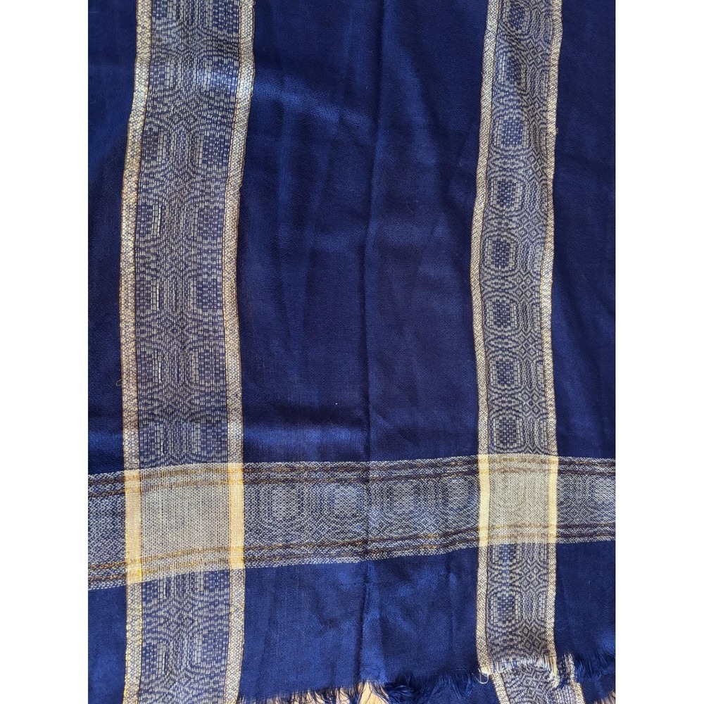 Elegant Blue and Gold Patterned Fringed Scarf Women's Fashion Accessory